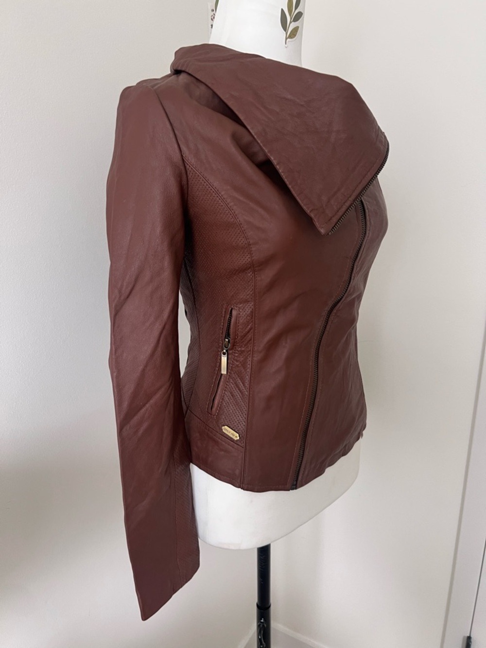 ONLY Brown Real Leather Asymmetrical Zip Hooded Jacket Vintage Y2K Moto XS-S